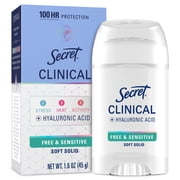 Secret Clinical Antiperspirant Deodorant for Women, 100HR Sweat & Odor Protection, Hyaluronic Acid, Soft Solid, Free & Sensitive, 1.6 oz