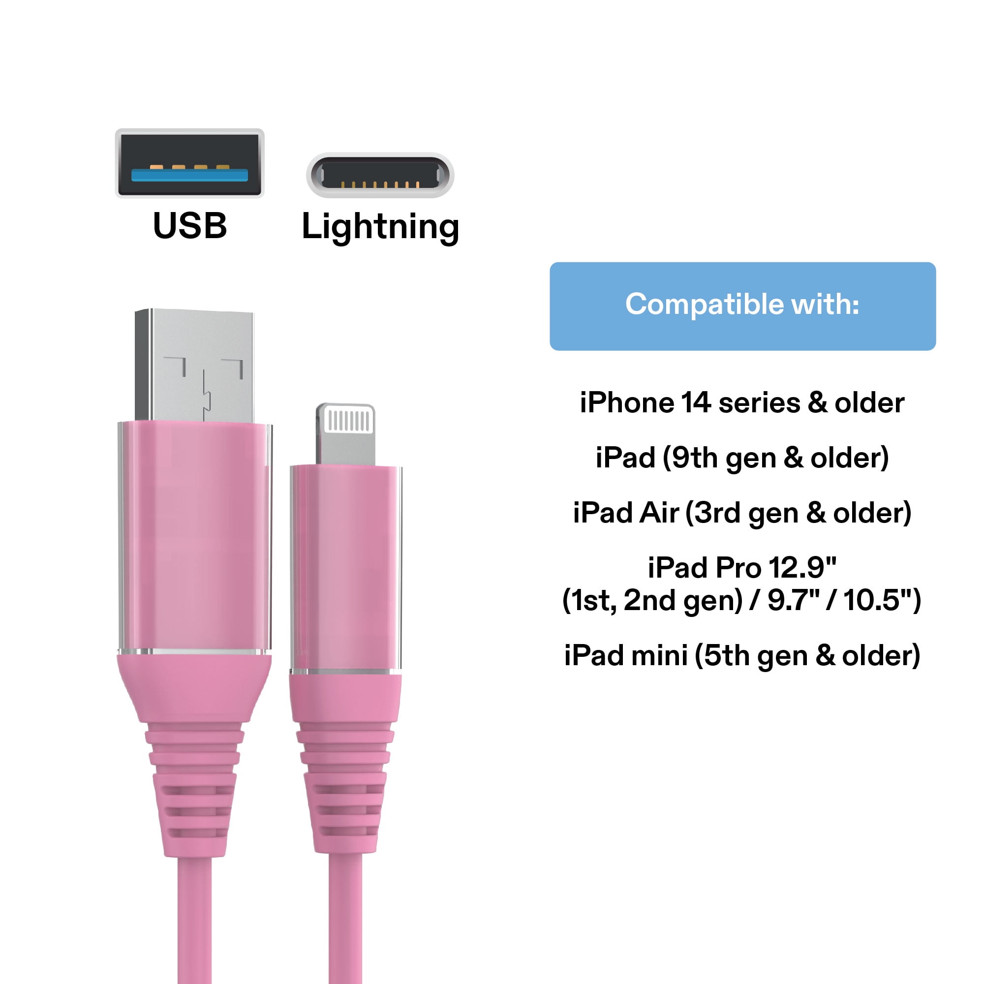 onn 6ft Lightning to USB Charging Cable - Pink - Compatible with iPhone 14/13/12/11/X/XR/XS/8/7/6/5, iPad, Airpods and more
