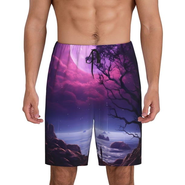 Balery Purple Moon Tree Night Sky Pantalones cortos de pijama de punto de algodón para hombre con cinturilla y bolsillos-XX-Large