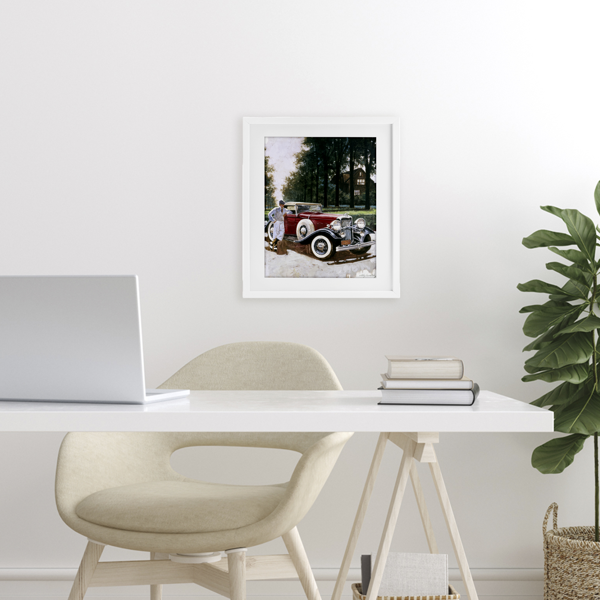 Retro Convertible Coupe & Driver White Framed Print Under Glass, design by Wind River Studios
