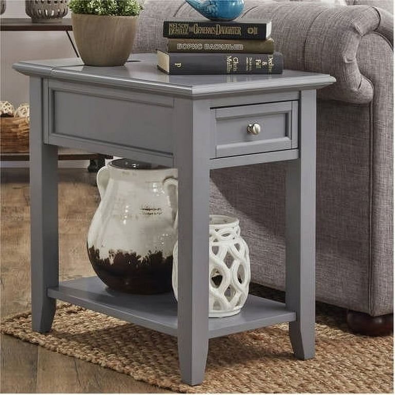 NDS ターンテーブル グレー Chelsea Lane Wood End Table with Drawer and Lift-top Power Outlet