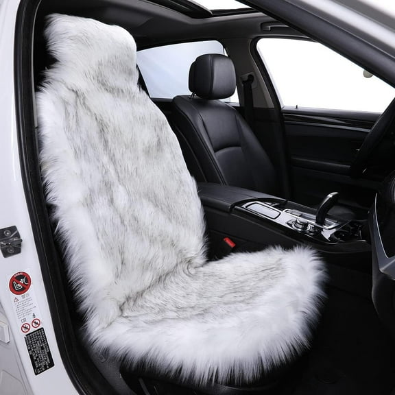 Front Car Seat Protector Covers - Luxury Long Wool Winter Cushion - White with Gray Tips, 1 item - Breathable & Soft - Universal Fits Most Automotive, Vans, SUVs, Trucks