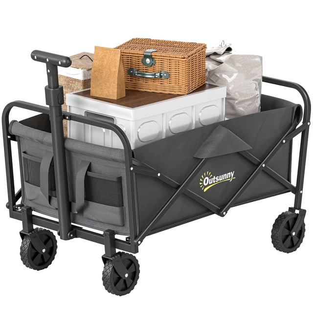 Chariot de Jardin Pliable et Rabattable, Chariot de Pelouse Robuste avec Sac de Transport en Tissu Oxford de 62 L, Capacité de 265 Lb, Poignée Réglable et Roues Universelles pour le Camping, la Plage, Gris