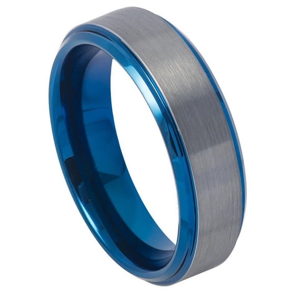 Custom Personalized Engraving Wedding Band Ring Set for Him & Her - 6mm Blue IP Plated Beveled Edge Gun Metal Brushed Finish
