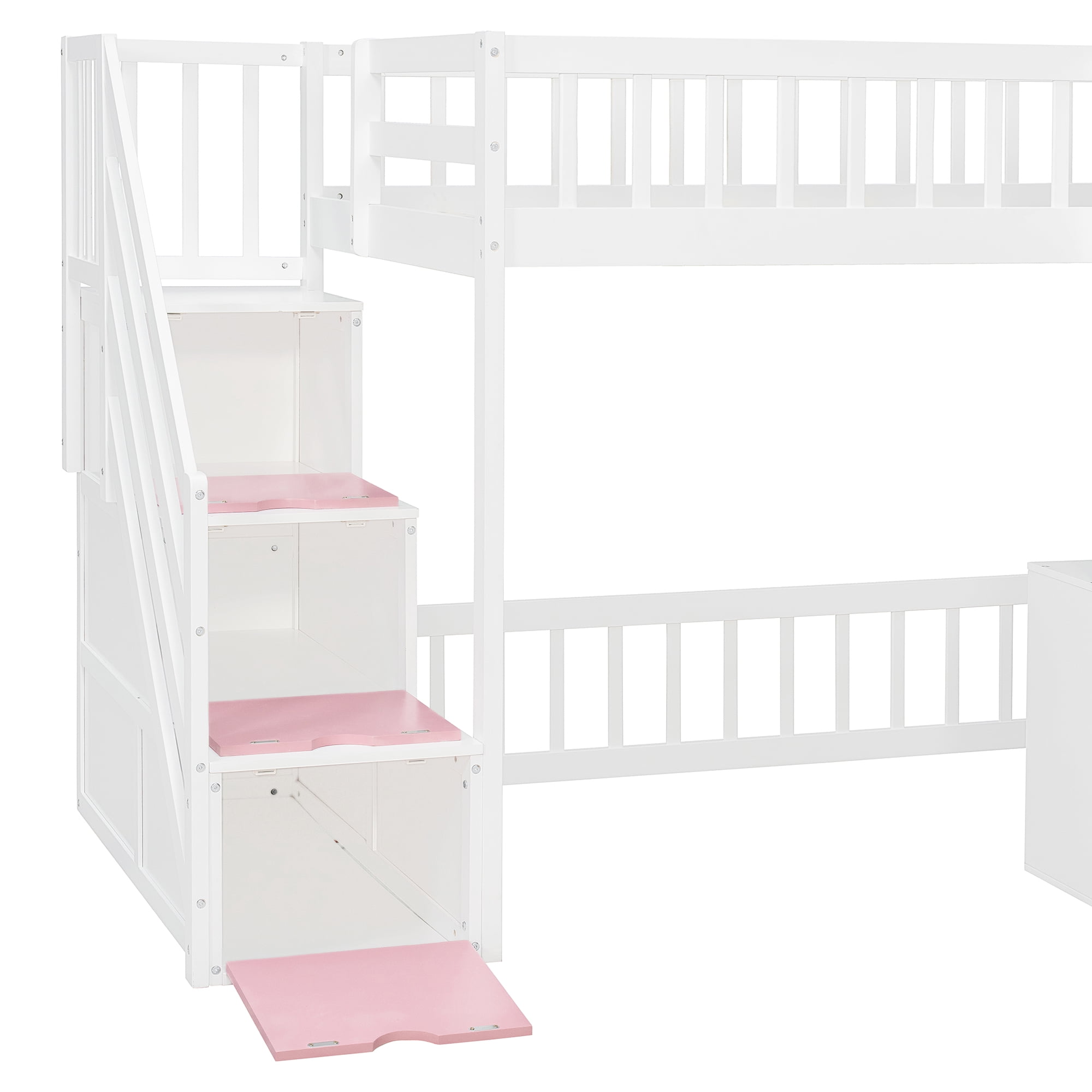 Mintazer Twin Size Loft Bed with Play Storefront & LED Lights, Kids Loft Bed with Guardrail and Storage Staircase & Cabinet for Bedroom, White & Pink