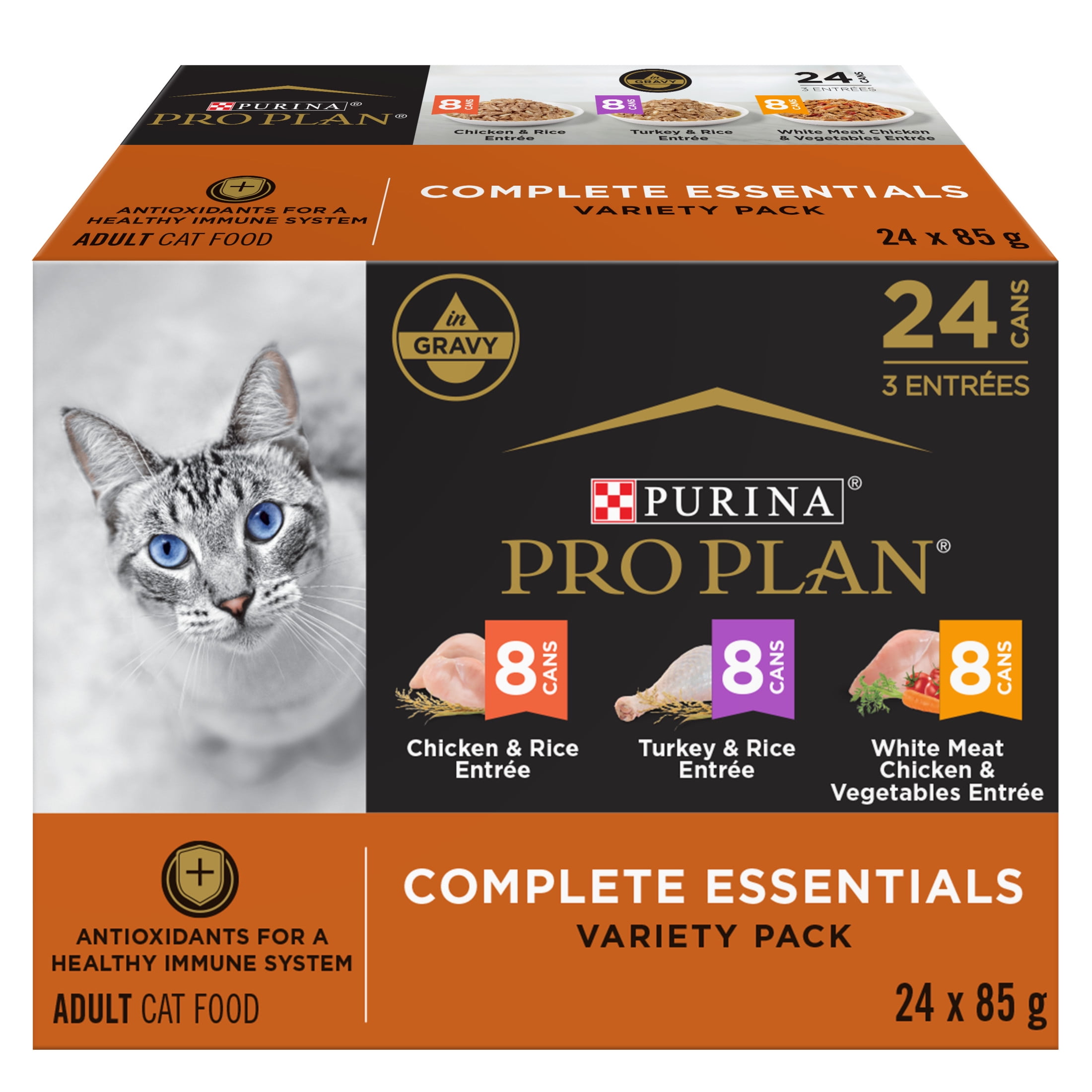 Purina Pro Plan Complete Essentials Saveurs de poulet et de dinde Emballage assorti, Nourriture Humide pour Chats, 85 g x 24