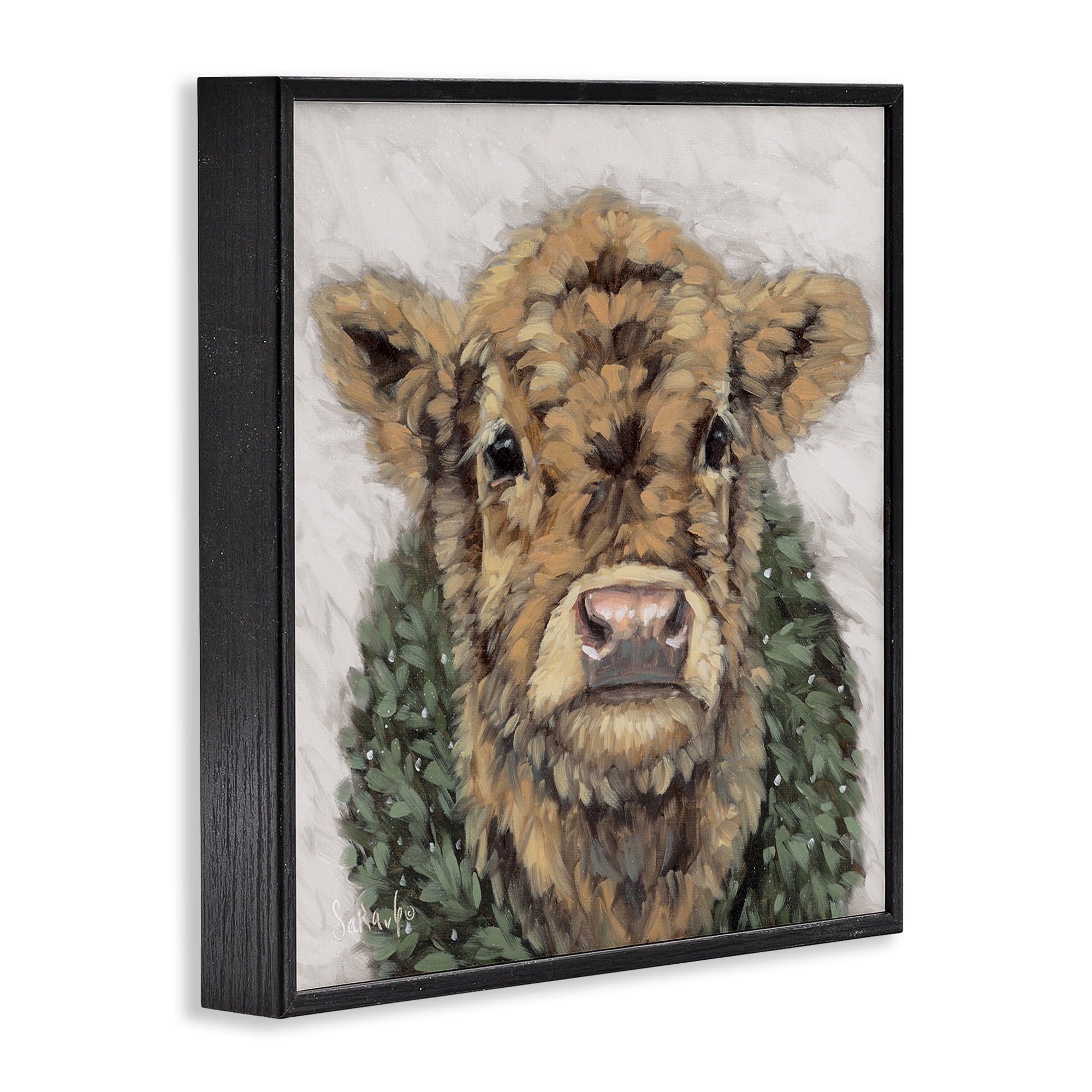 Stupell Industries Calf with Holiday Wreath Holiday Painting Black Framed Art Prints Wall Art, 17 x 17