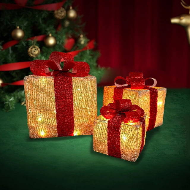 Fiudx Cajas de Luz Navideñas, Cajas de Regalo Plegables de Hierro, Luces Led Cálidas, Decoración para Árbol de Navidad, Decoración Festiva Multiusos, para Bodas y Oficinas, Juego de 3 Piezas, 10 X 10