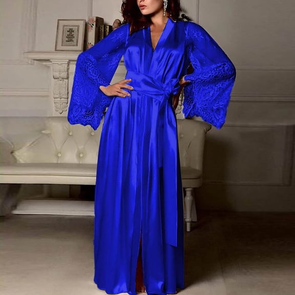 Blmnix Lace Nightgown Moo Moos for Women Nightgown Sleep Dresses Satin Nightgown Chemise Blue V-Neck Long Sleeve Long Mumu Nightgown for Women,S