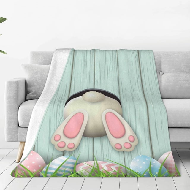 Fotbe White Bunny Bottom And Easter Eggs Manta de Franela Acolchonada con Estampado, Súper Suave y Esponjosa, Extra Grande para Sofá, Cama, Uso Todo el Año-80"x60"