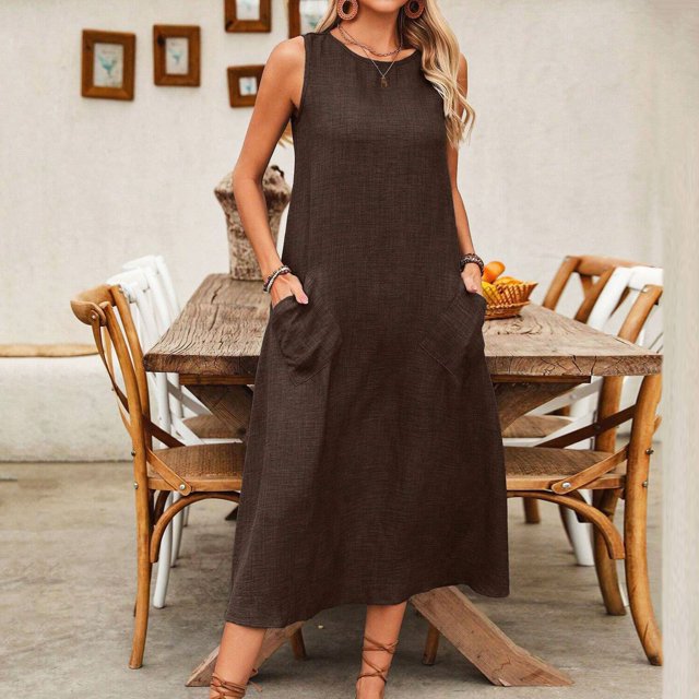 Vestido de Algodón con Bolsillos Color Sólido Algodón Suéter de Lino sin Mangas Falda Larga, Cuello Redondo Bolsillo Vestido Suelto Casual para las Mujeres