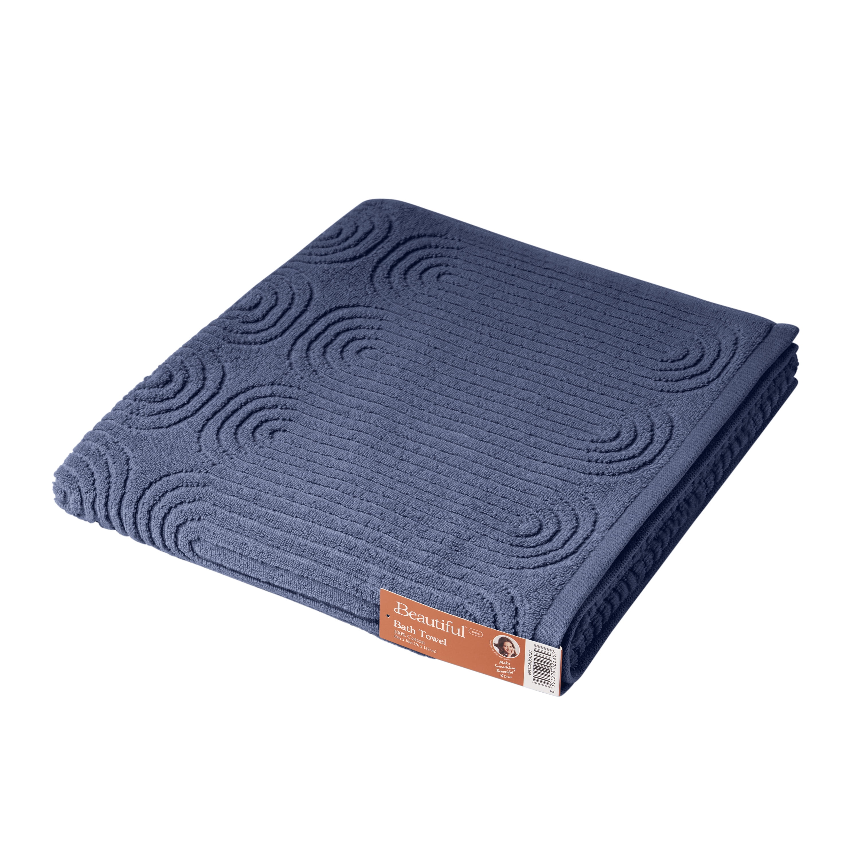 Beautiful by Drew Barrymore Textured Bath Towel, Soft 100% Cotton, Smokey Blue