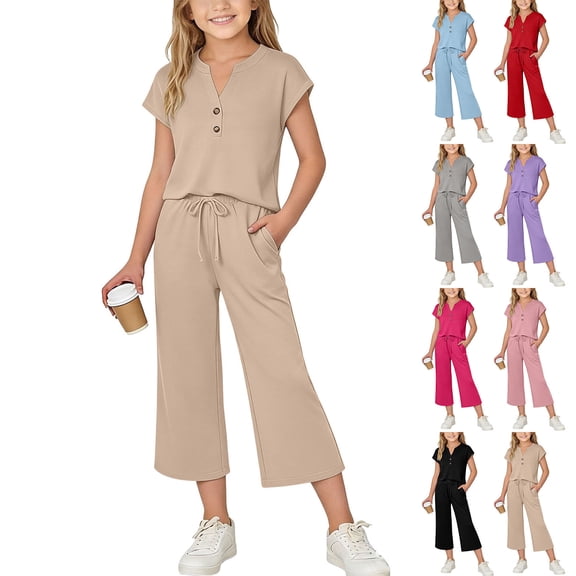 Zpanxa Girls V Neck Henley Short Sleeve Top Wide Leg Pants Set Casual Two Piece Outfit Toddler Hot Pink 5 Years