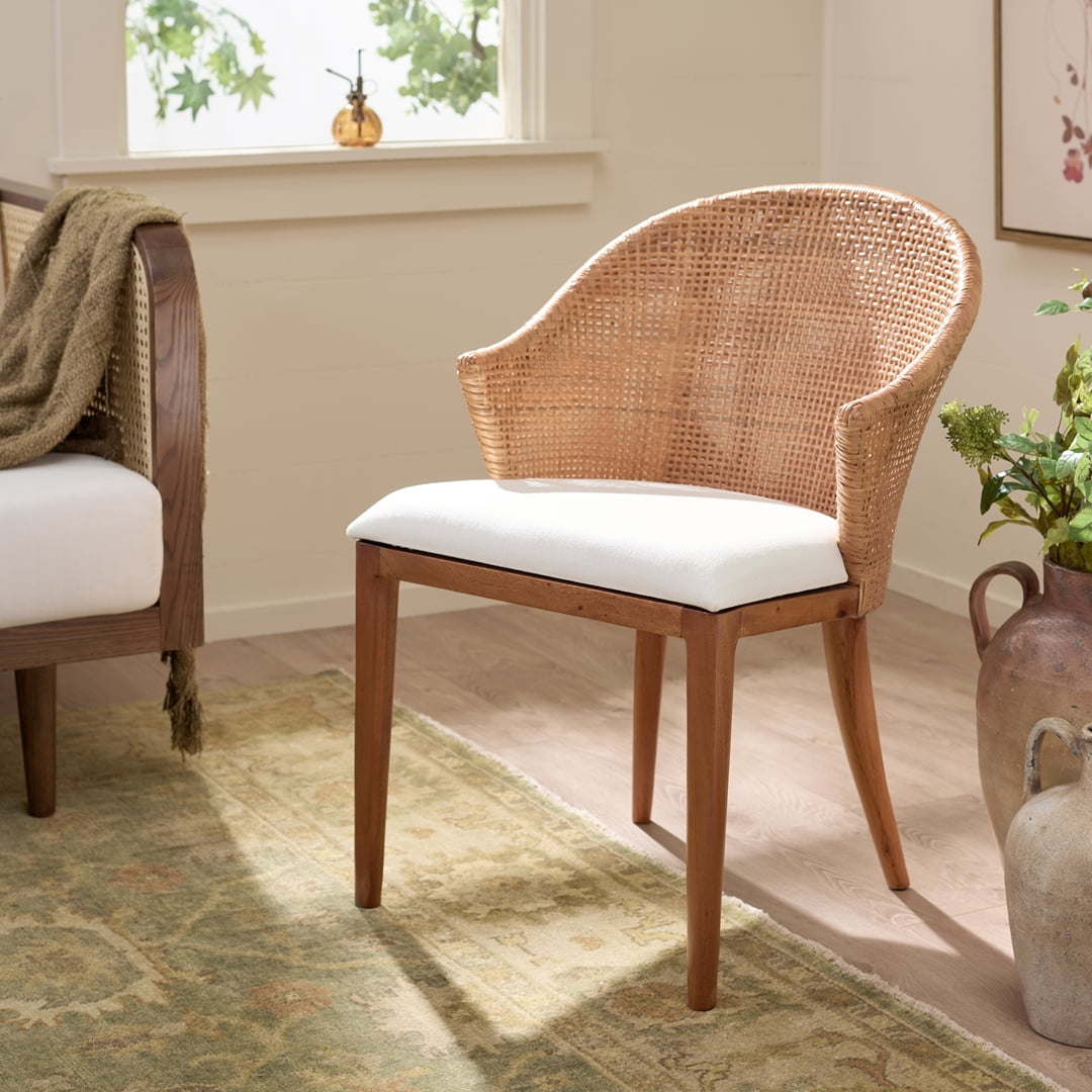 Safavieh Mura Modern Wood and Rattan Dining Arm Chair, Honey/ Ivory