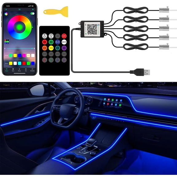 Interior Car Lights with Wireless APP and Remote Control, 5 in 1 RGB Ambient Lighting Kit with 236 inches Fiber Optic, 16 Million Colors Car Neon Strip with Music Mode