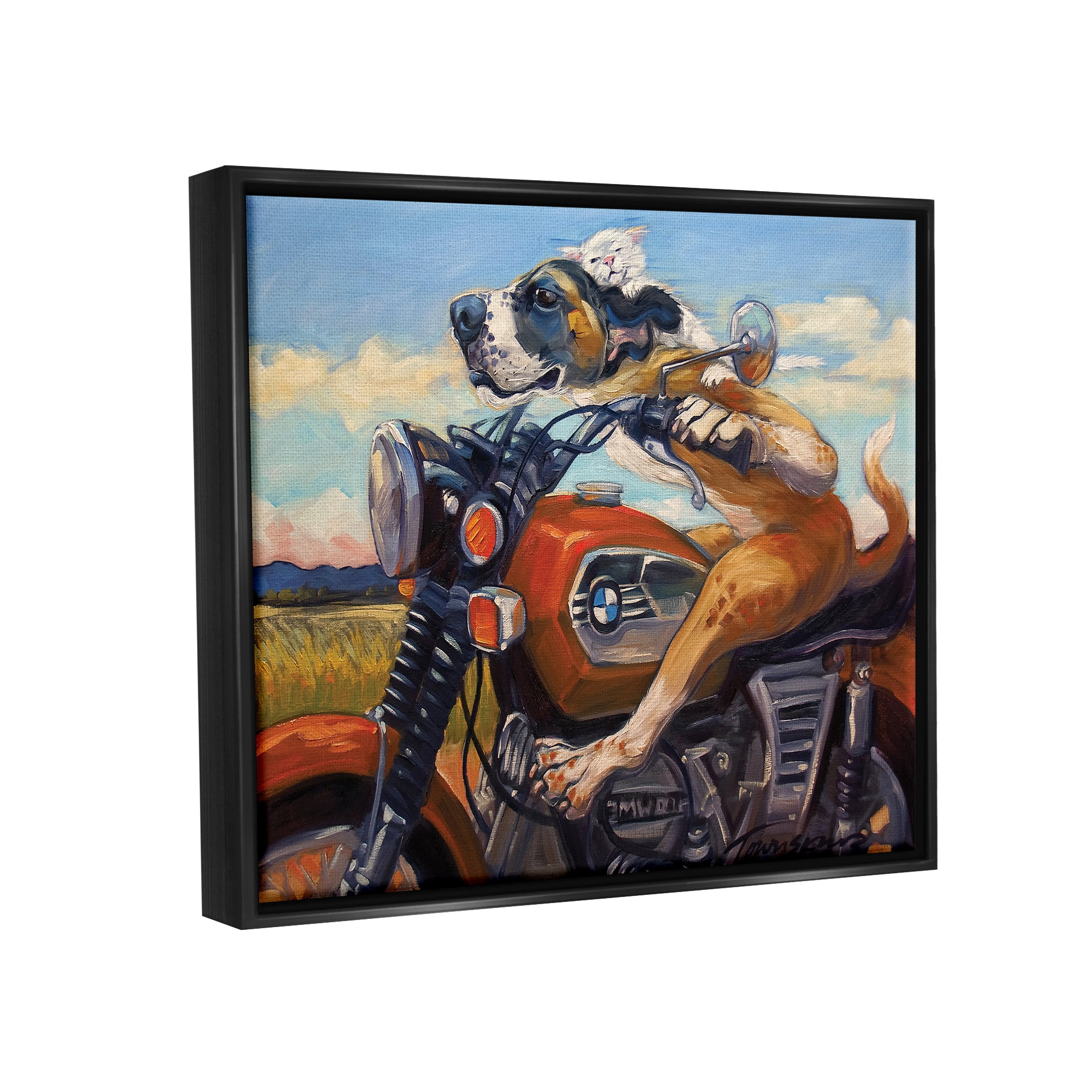 Stupell Industries Dog And Cat on a Red Motorcycle Road Trip Painting Jet Black Framed Floating Canvas Wall Art, 24x30, by Tai Prints