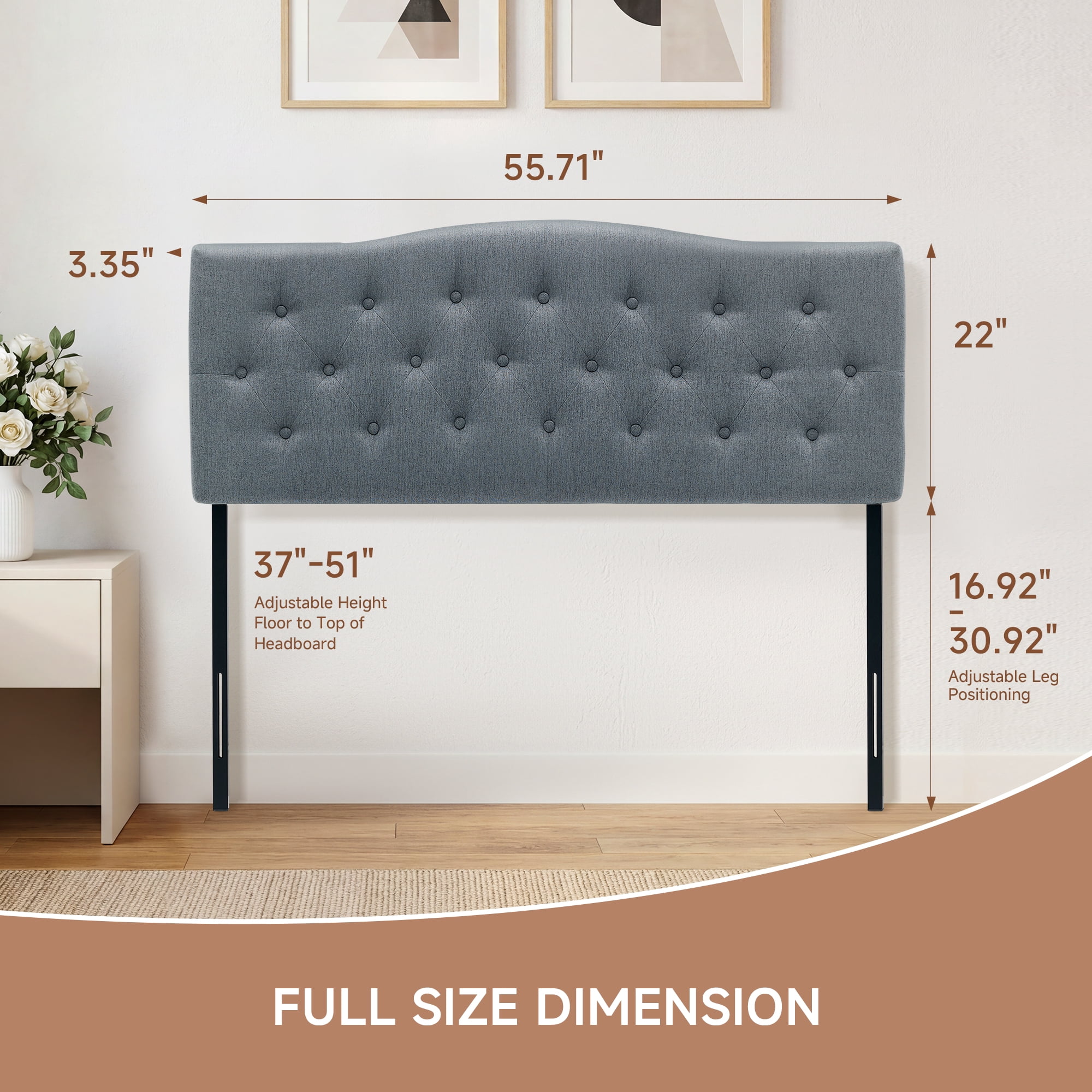 JONPONY Tufted Upholstered Headboard Full Size, Solid Wood Head Board with Durable Metal Legs, Adjustable Height Head Board, Grey