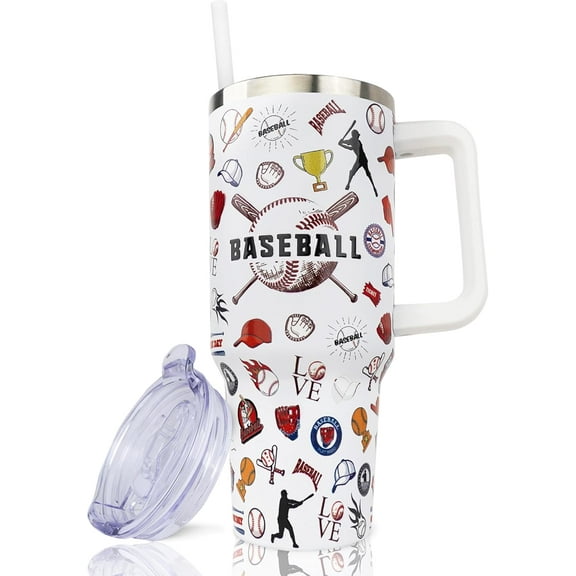 40 oz Stainless Steel Insulated Tumbler with Handle and Straw, Reusable Baseball Coffee Mug with Leak Proof Lid