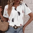 thumbnail image 4 of Women Short Sleeve Top V Neck Feather Printed Loose Fit Casual Stylish Women Summer Blouse White M, 4 of 6