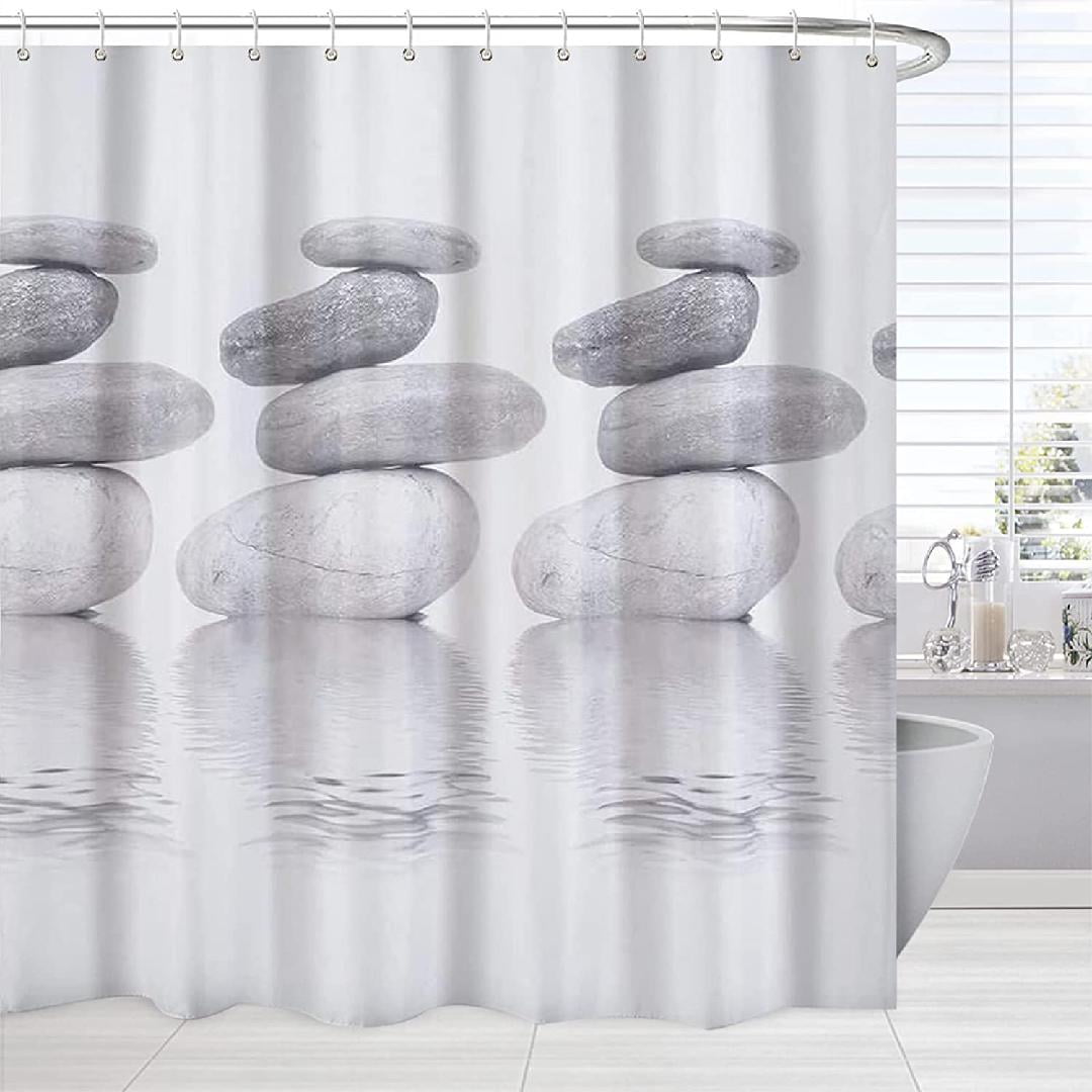 Gray and White Shower Curtain Fabric, Japanese Meditation Spa Stones