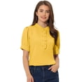 thumbnail image 1 of Top de blusa de trabajo con cuello redondo y mangas cortas con tapeta de medio botón con volantes para mujer Amarillo L, 1 of 5