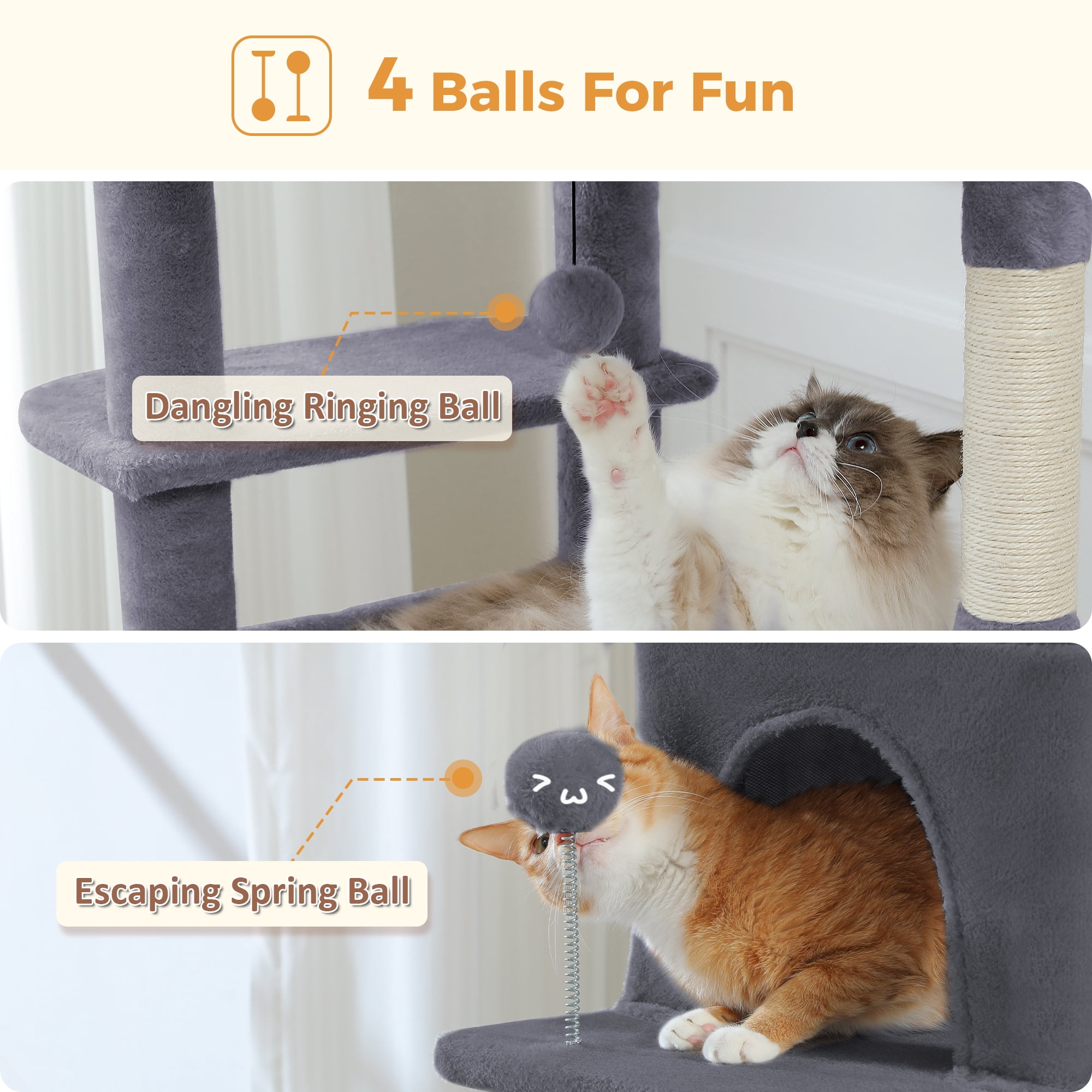 PAWZ Road 73"Cat Tree for Large Cats Multi Level Play Tower Condo 7 Sisal Cat Scratching Posts,Dark Gray