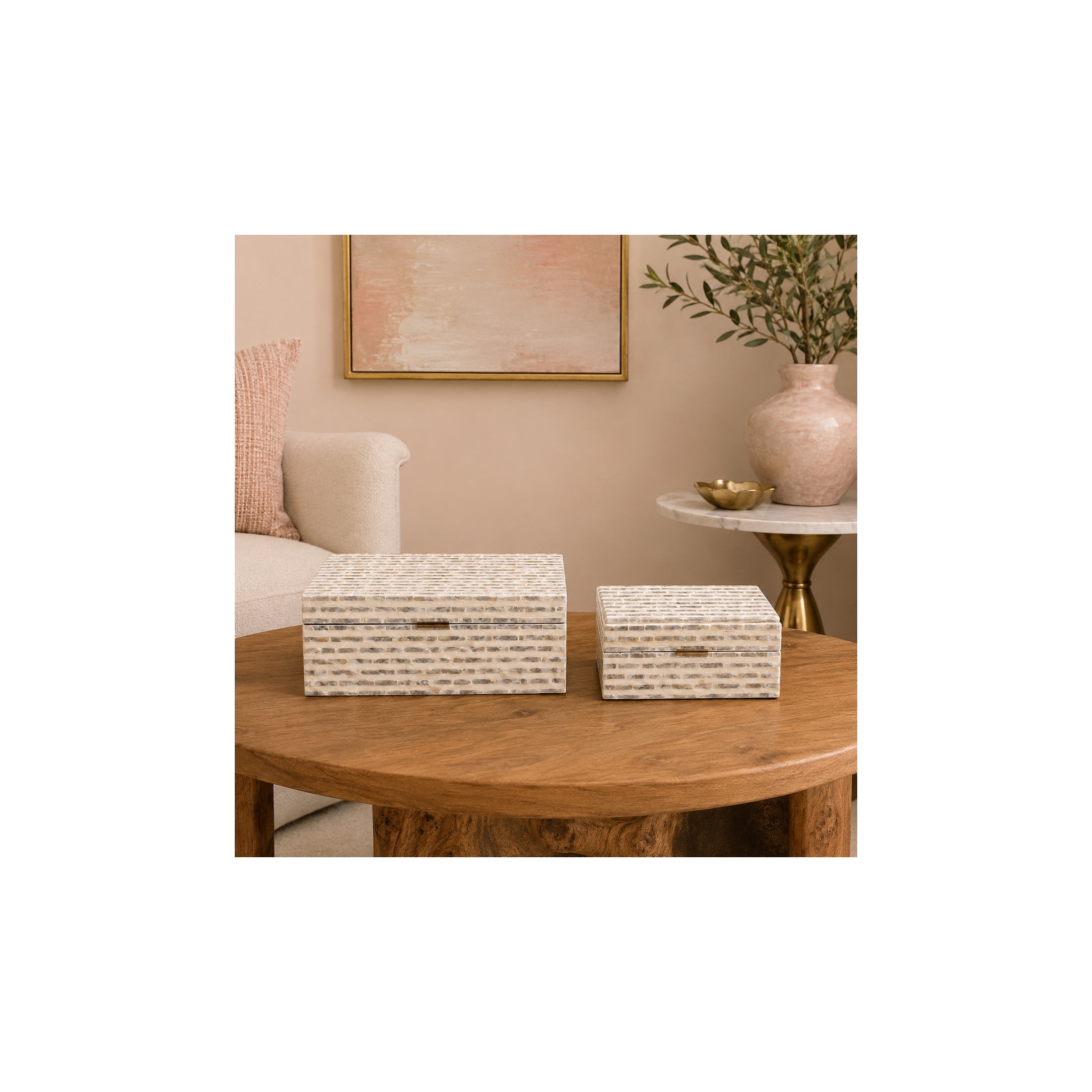 DecMode Geometric Handmade Linear Mosaic Storage Cream Mother of Pearl Shell Decorative Box, 2 Count