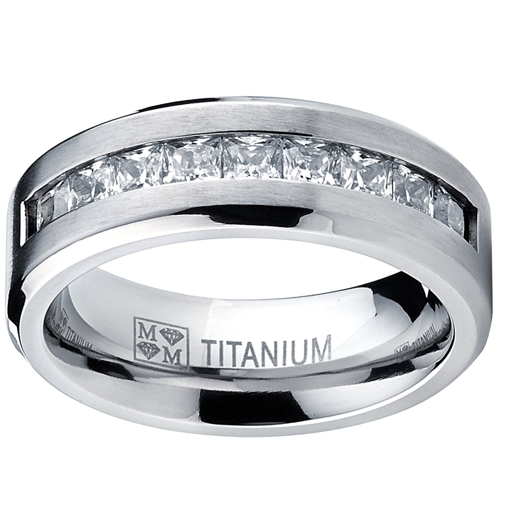 Mens Eternity Titanium Wedding Band Engagement Ring W/Red Simulated Garnet Cubic Zirconia Princess cut CZ 