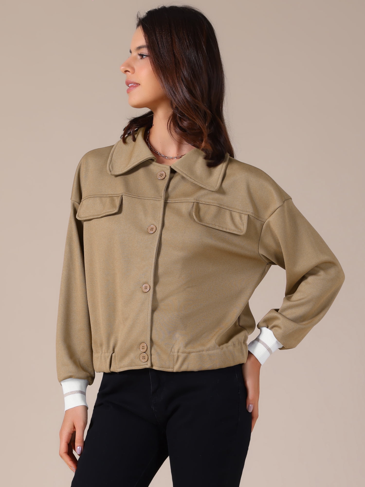 DARING DIVA Women's Long Sleeve Button Down Cropped Jacket XL Khaki