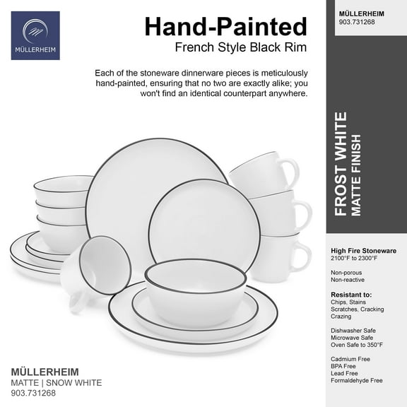 Mullerheim 903 Collection Contemporary Ceramic Stoneware Dinnerware Set, Matte White, Service for 4
