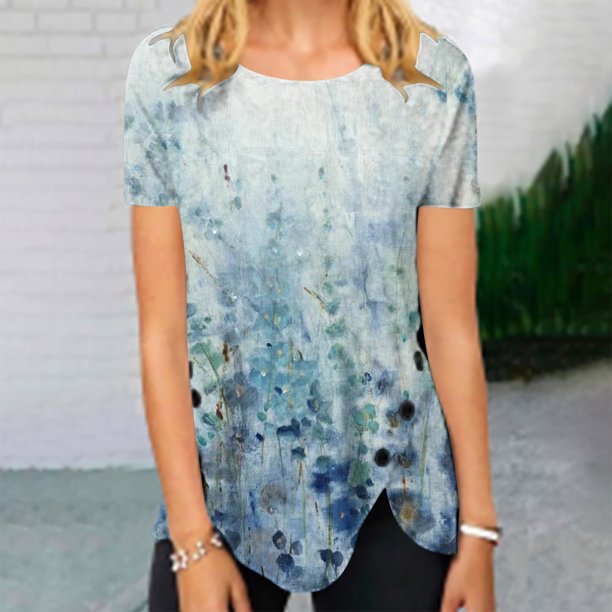 ICHUANYI Clearance Womens Tops Irregular Hem Summer Printing Tees Tops Spring Crewneck Short Sleeve Casual Blouses(Light Blue, XXL) ICHUANYI WER2023081008218