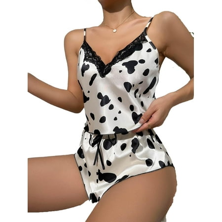 

Cute All Over Print Spaghetti Strap Cami Top Shorts Sleeveless Beige Women Pajama Sets (Women s)