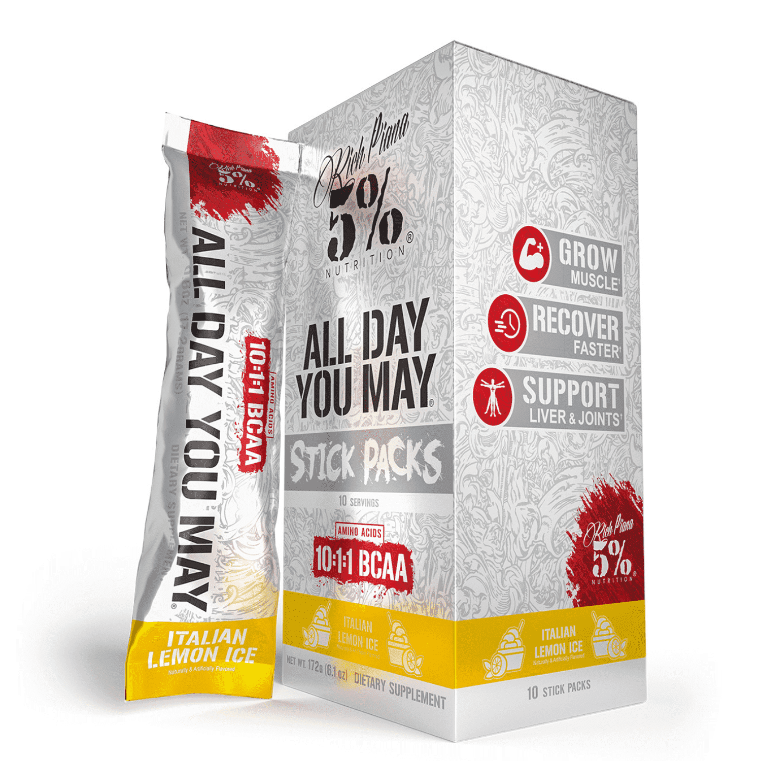 5% Nutrition Rich Piana AllDayYouMay Amino Acid Powder | 9g of Premium Intra & Post Workout Amino Acids for Hydration, Endurance, and Muscle Support (Italian Lemon Ice Flavor)