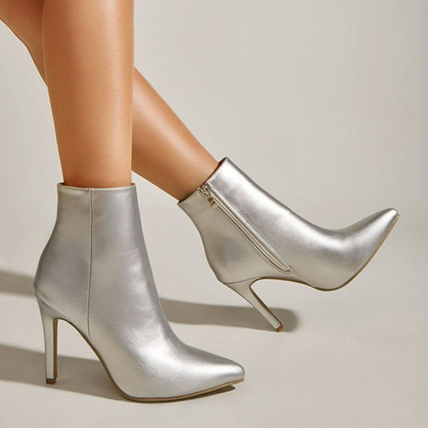 Botines de tubo medio de tacón alto con cremallera lateral alta de cuero plateado sexy para mujer Wmkox8yii hfjk3436