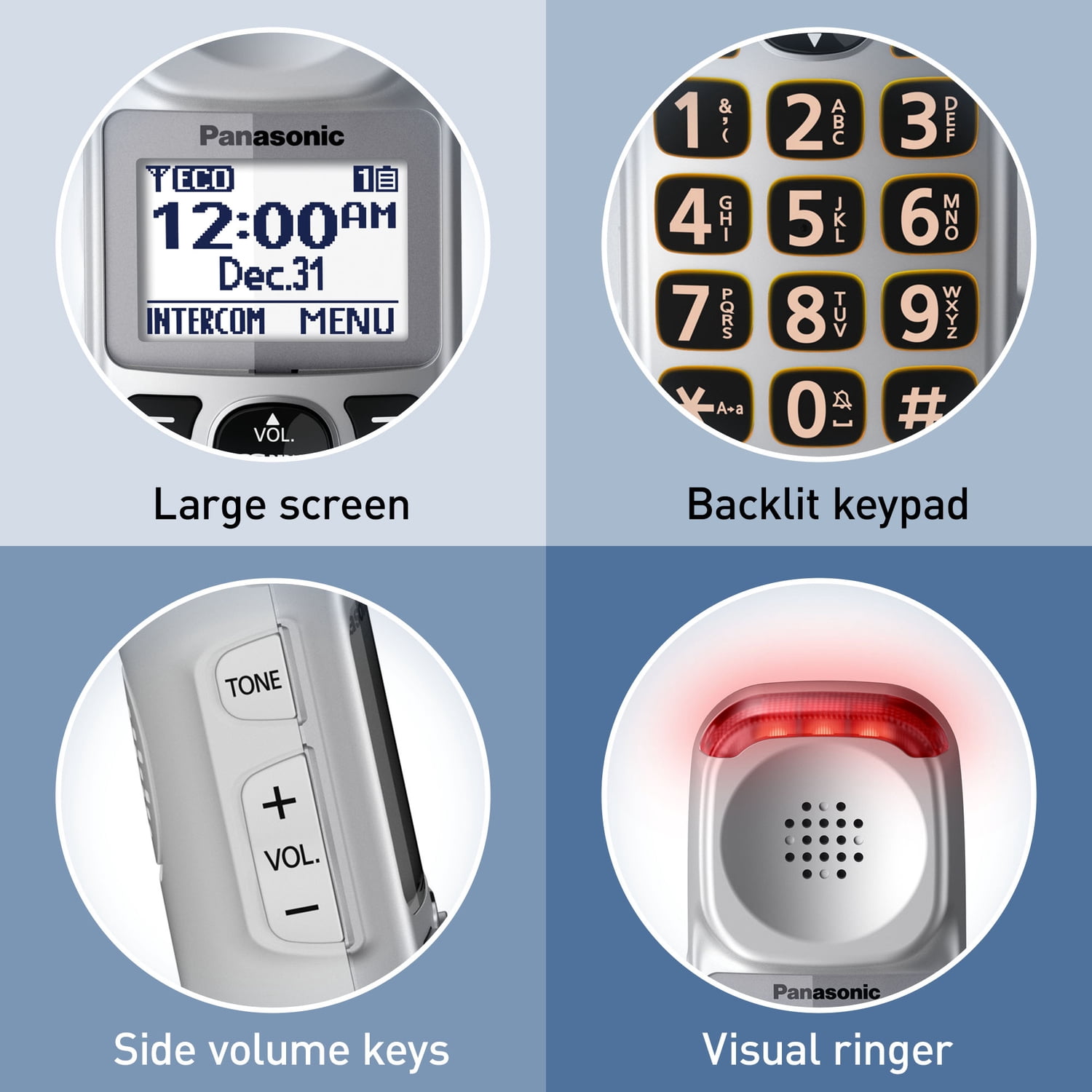 Panasonic DECT 6.0 Corded Cordless Amplified Phone with Answering Machine & Noise Reduction, Silver with Red Visual Ringer, KX-TGM450S