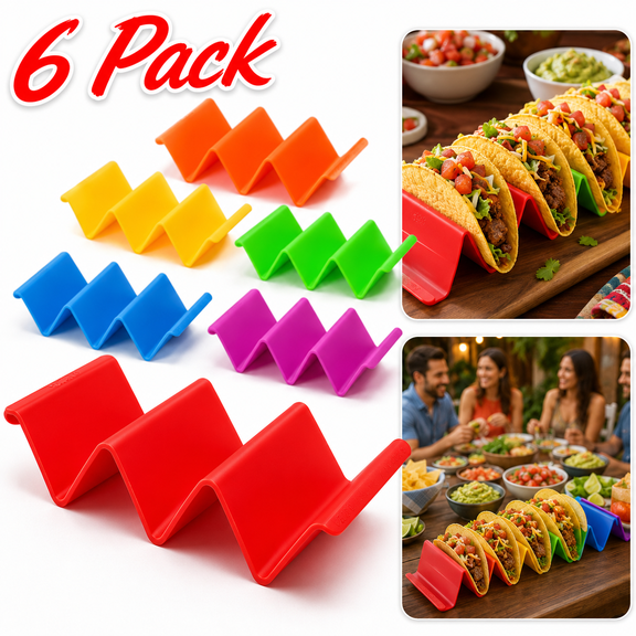 USTOP 6 Pack Colorful Taco Holder Stands, Food-Grade Plastic Taco Racks for Hard or Soft Shells, Microwave and Dishwasher Safe Mexican Food Server for Family Parties and Fiestas.
