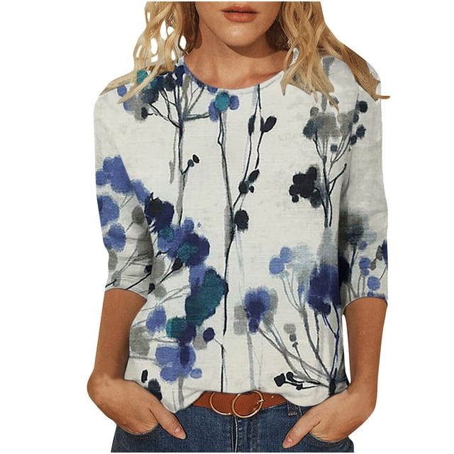 Pompotops T-shirt Mode Imprimé Ample Manches 3/4 Blouse Col Rond Tops Décontractés Liquidation
