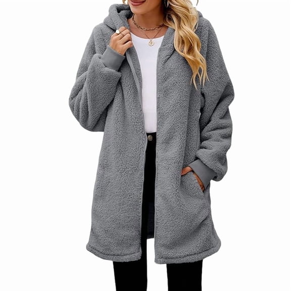 Women'S Long Sleeve Hooded Cardigan with Zipper Loose Plush Cardigan Jacket Women'S Plush Jacket Dark Gray M