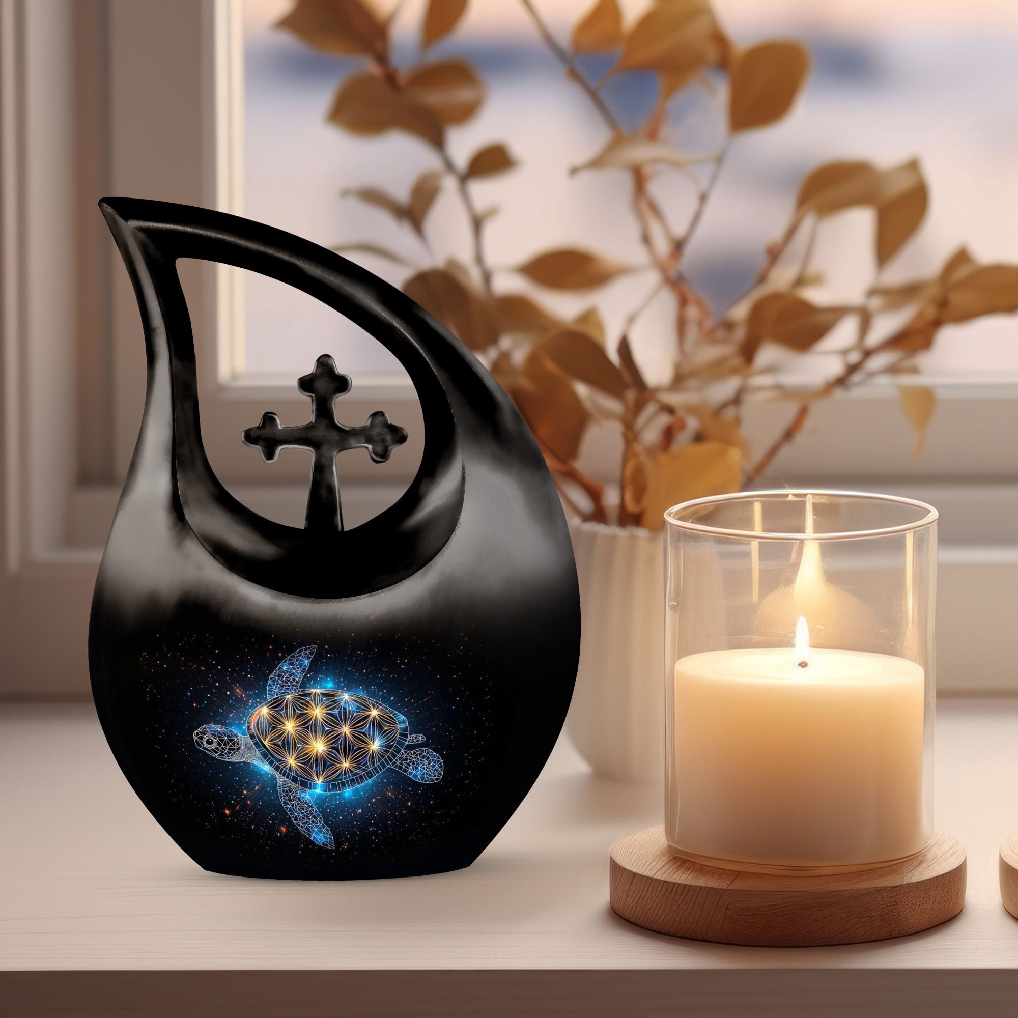 MUKTIVE Tortoise Cremation Urns for Human Ashes Large - Cross Drop Burial & Funeral Urn for Ashes for Men - Remembrance Gift for Loss - Memorials & Funerary Cremains Holders, 10 Inches
