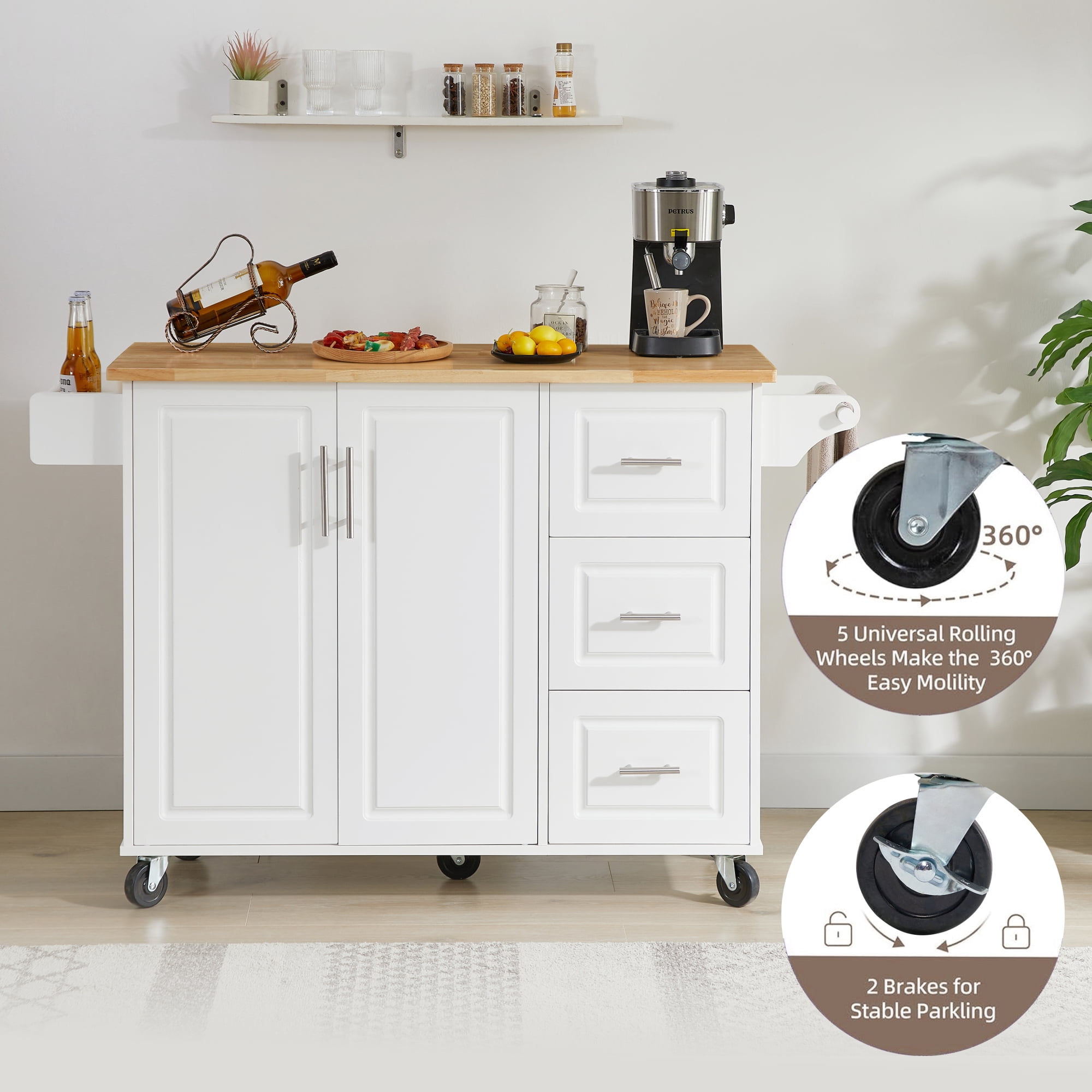 Garitin 54"Kitchen Island with Storage, Rolling Small Kitchen Island Cart on Wheels, Drop‑Leaf Countertop Microwave Utility Cart with 3 Drawers & 1 Storage Cabinet, White