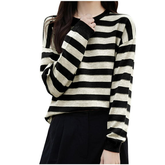 JUUYY Womens Stripe Crew Neck T Shirts Spring Casual Loose Long Sleeve Tees Trendy Pullover Tops Black XL