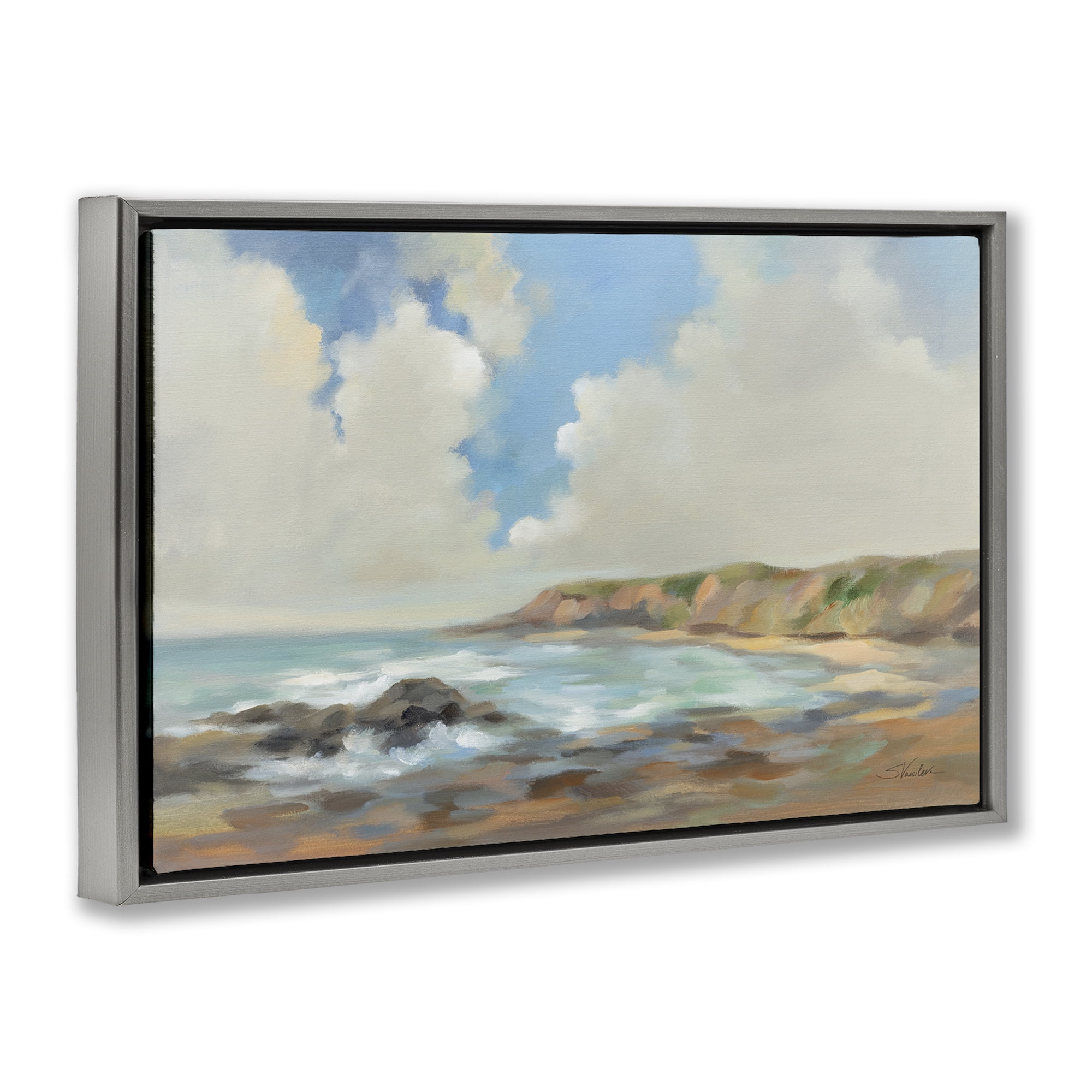 Stupell Industries California Coast Cliffs Landscape Painting Gray Floater Framed Canvas Art Print Wall Art, 31 x 21