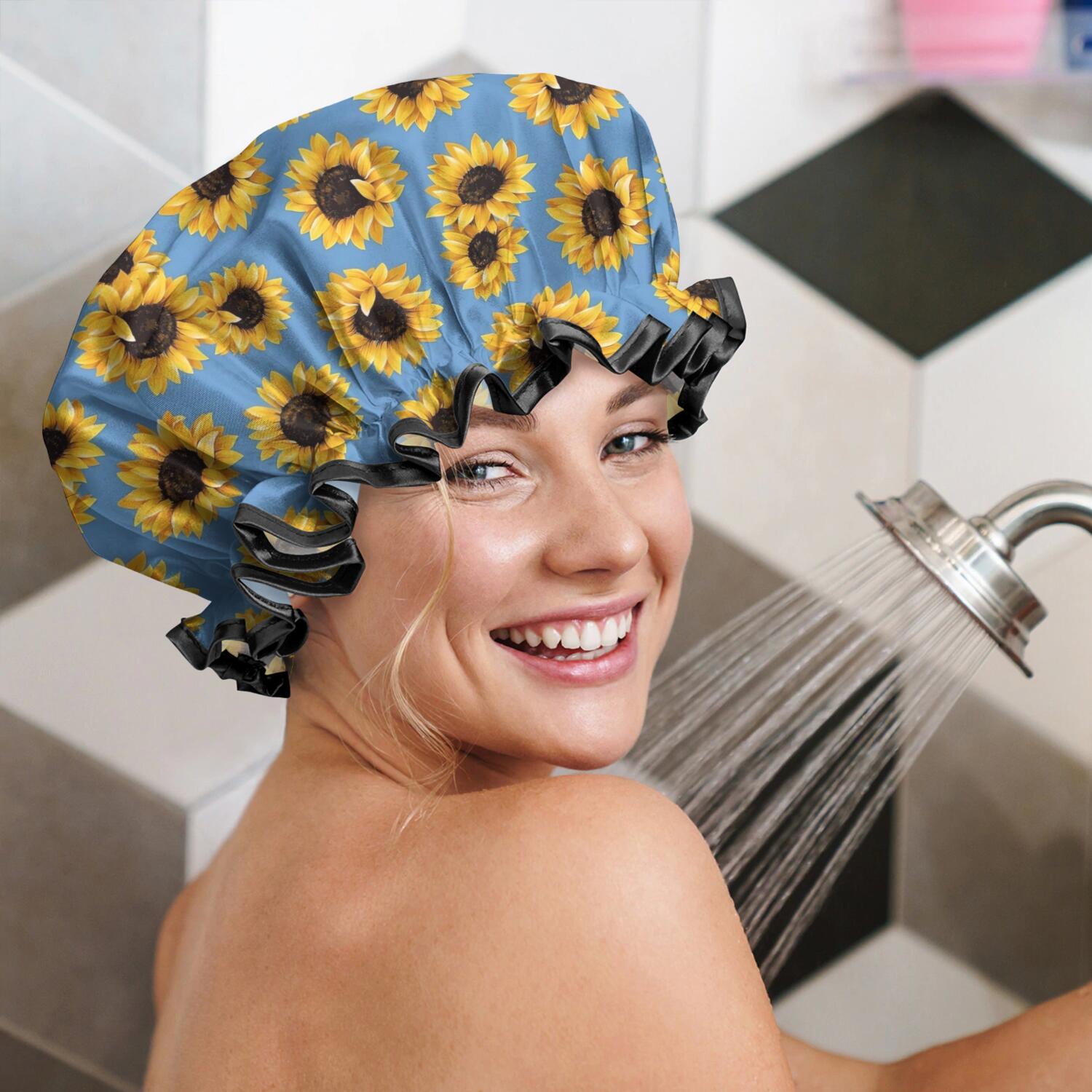 Shower Caps,Blue Sunflower Pattern Waterproof Shower Cap for Women 4 Pieces,Double Reusable Hair Cover for Shower PEVA Elastic Stretch Hem