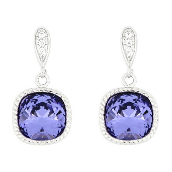925 Sterling Silver Cushion Cut Faceted Purple Amethyst Swarovski Crystal and CZ Dangle Drop French Wire Earrings