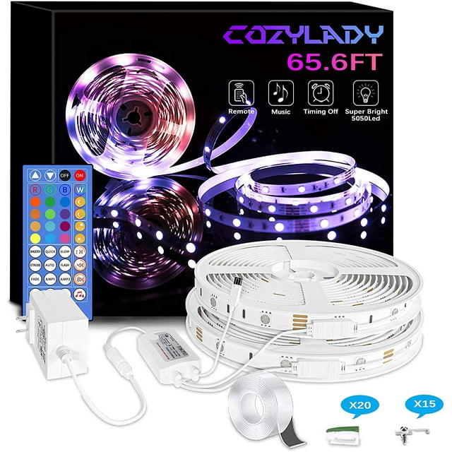 tira de luces led para dormitorio: tira de luces led de música ultralarga de 65.6 pies para decoración de habitación, tres bobinas enrolladas en vista 3/4 con control remoto multicolor, adaptador y módulo sensor de música a la vista; cinta flexible con LED SMD y caja de producto negra, ideal para decoración de dormitorio, fiestas o luces navideñas.