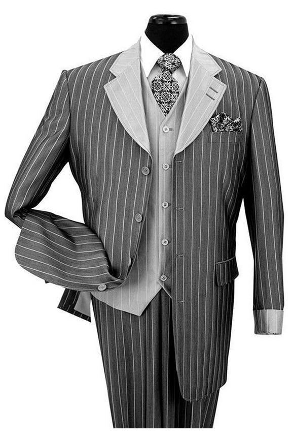 Pinestripe Fashion Suit with Contrast Collar, Cuffs & Vest