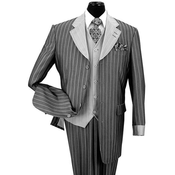 Pinestripe Fashion Suit with Contrast Collar, Cuffs & Vest