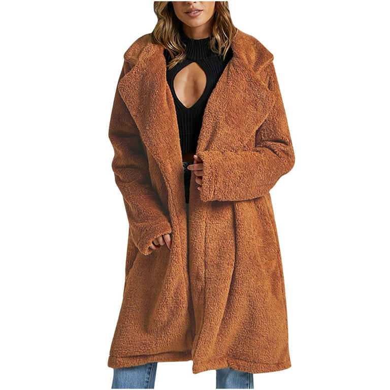 FITORON Winter Coats for Women- Solid Long Sleeve Plush Outwear Full Zip  Collared Neck Peacoat ,for Autumn Winter Brown XL 