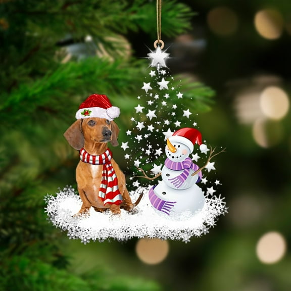 Acrylic 2D FLAT Red Dachshund-Star Tree Hanging Ornament