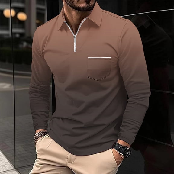 Zylanna Men's Long Sleeve Polo Shirts with Chest Pocket, Turndown Collar Spring Fall Slim Fit Gradient Color Casual Pullover Tops for Man Brown